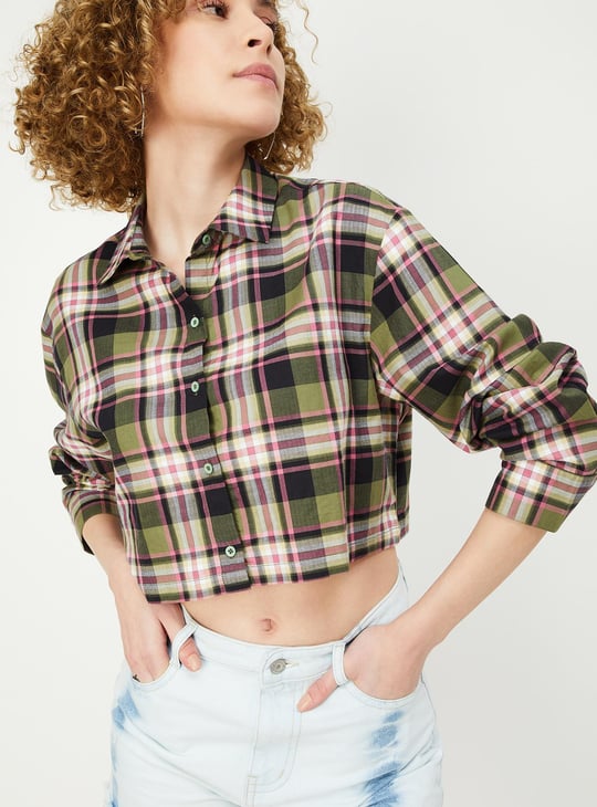 Women Checked Yarn Dyed Crop Shirt