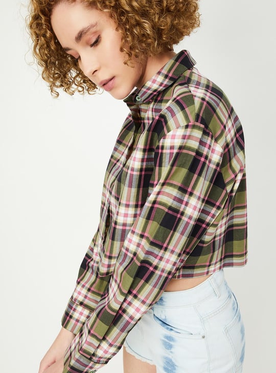 Women Checked Yarn Dyed Crop Shirt