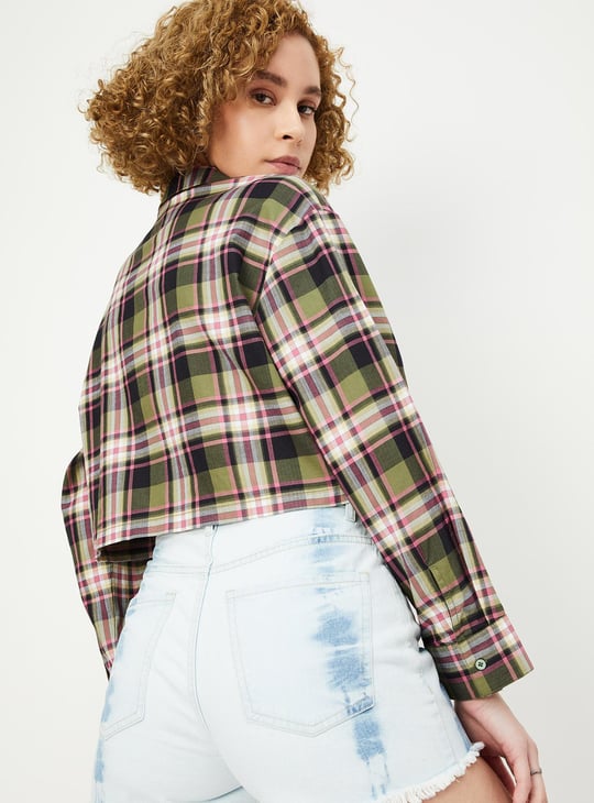 Women Checked Yarn Dyed Crop Shirt