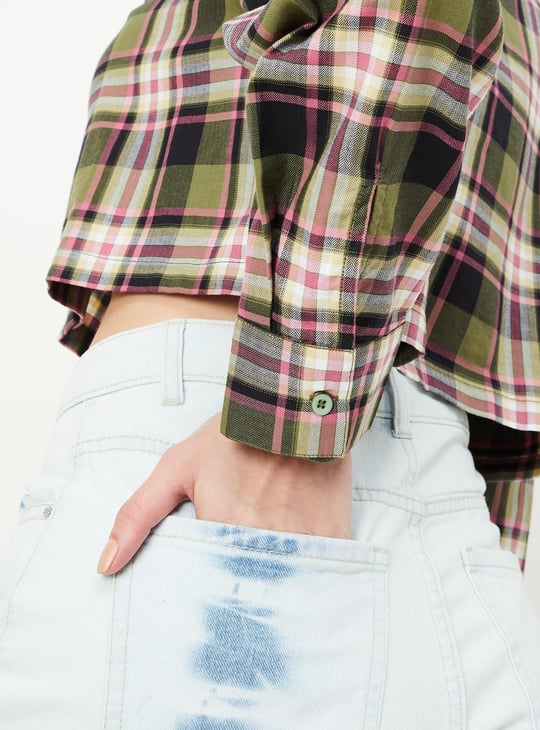 Women Checked Yarn Dyed Crop Shirt