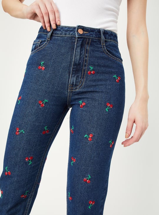 Women Mom Fit Embroidered Jeans
