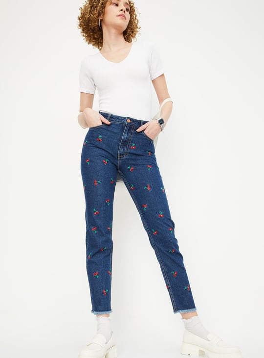 Women Mom Fit Embroidered Jeans