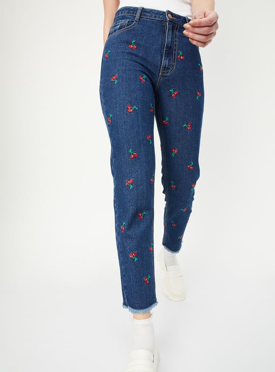 Women Mom Fit Embroidered Jeans