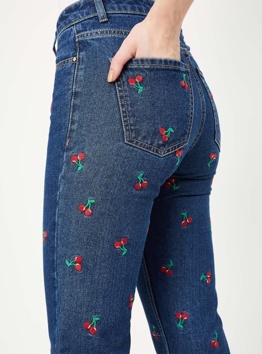 Women Mom Fit Embroidered Jeans