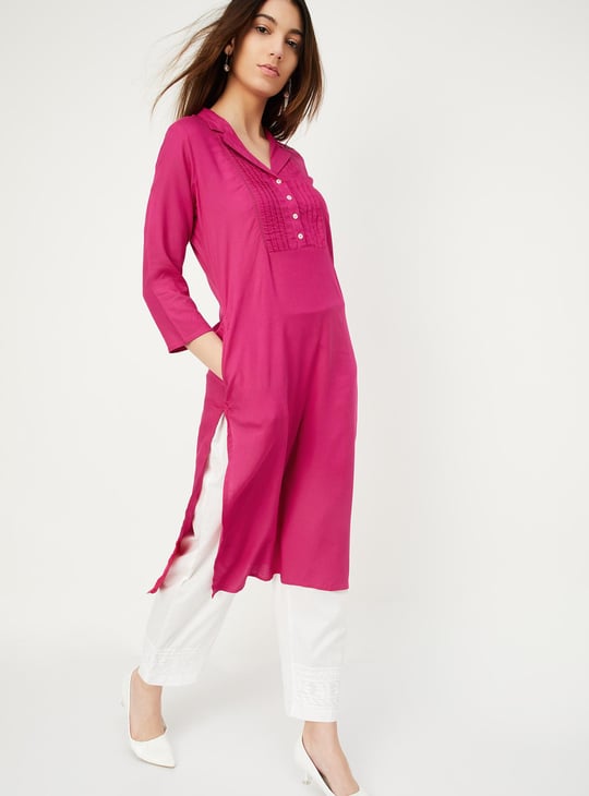 Women Pintuck Yoke Notched Collar Kurta