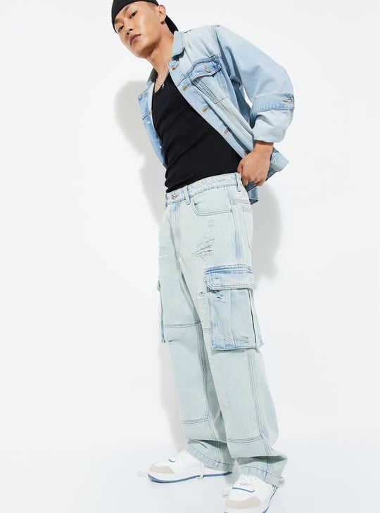URB_N Men Loose Fit Distressed Cargo Jeans