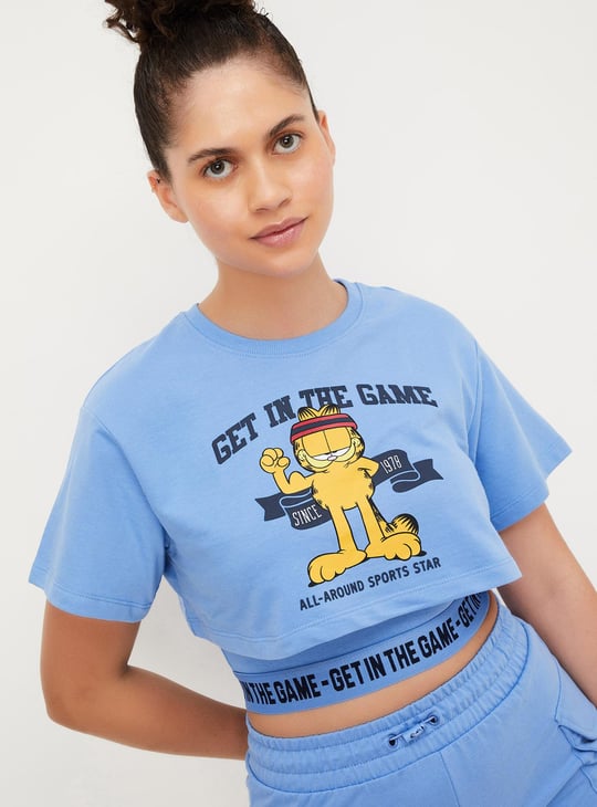 Women Garfield Print Layered Sports Crop T-shirt
