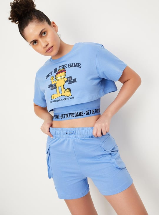 Women Garfield Print Layered Sports Crop T-shirt