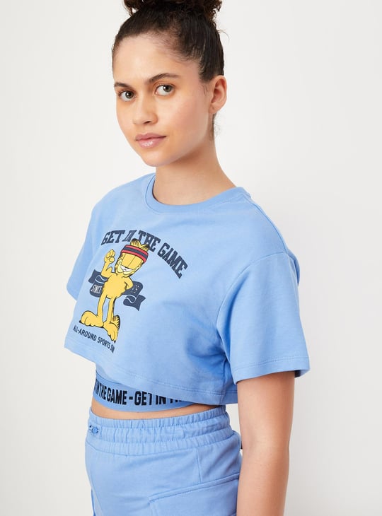 Women Garfield Print Layered Sports Crop T-shirt