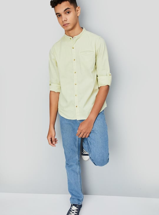Boys Solid Band Collar Shirt
