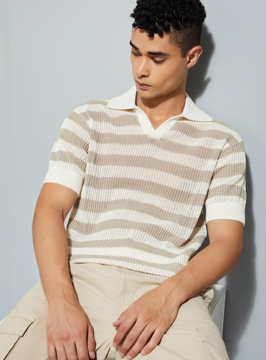 URB_N Men Striped Knit Oversized Polo T-shirt