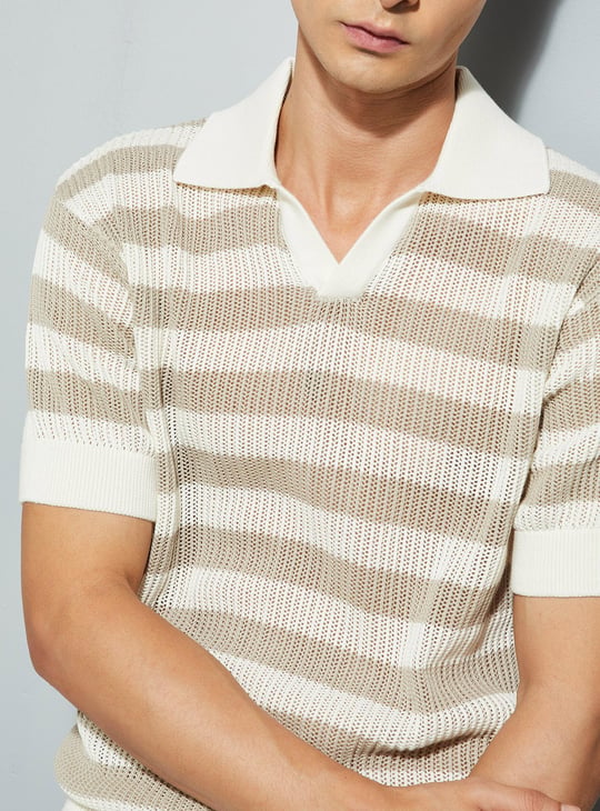 URB_N Men Striped Knit Oversized Polo T-shirt
