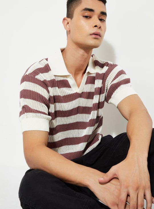 URB_N Men Striped Knit Oversized Polo T-shirt