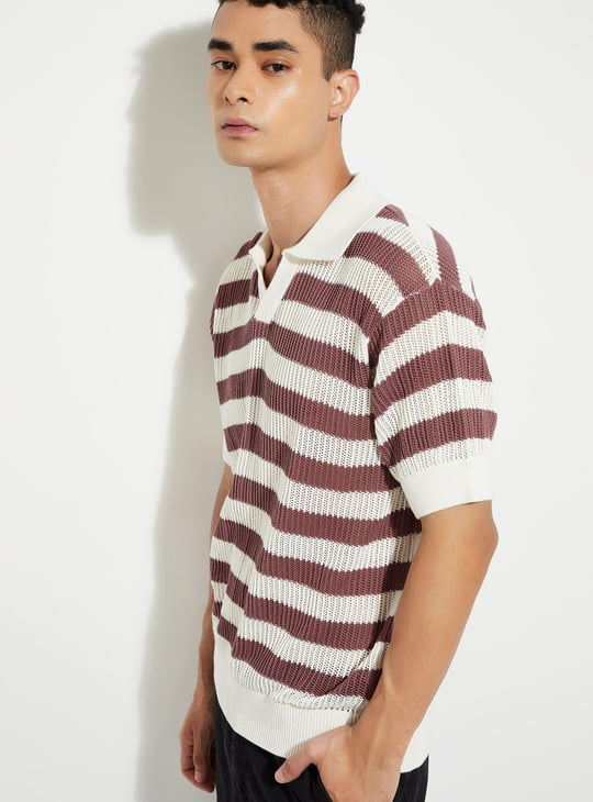 URB_N Men Striped Knit Oversized Polo T-shirt