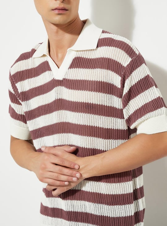 URB_N Men Striped Knit Oversized Polo T-shirt