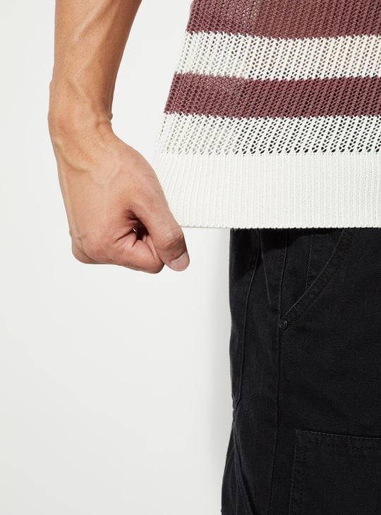 URB_N Men Striped Knit Oversized Polo T-shirt