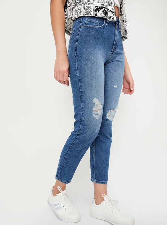 Women Distressed Mom Fit Jeans