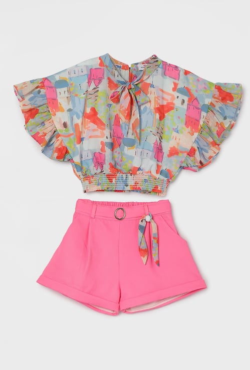 PEPPERMINT Girls Printed Top with Solid Shorts