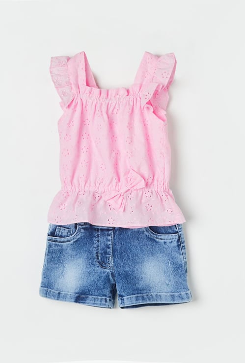 PEPPERMINT Girls Schiffli Top with Denim Shorts