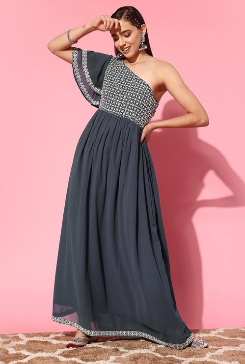 LIBAS Embroidered One-Shoulder Dress