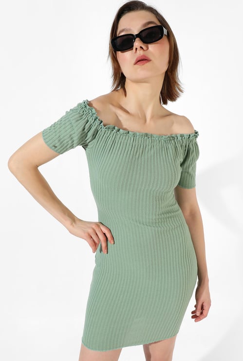 CAMPUS SUTRA Women Ribbed Off-Shoulder Mini Dress