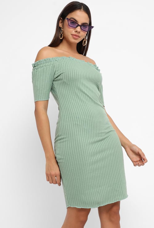 CAMPUS SUTRA Women Ribbed Off-Shoulder Dress