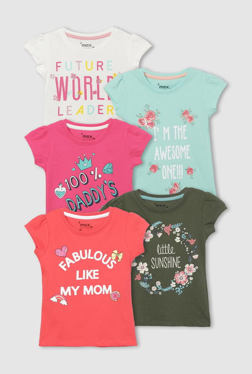 Girls Typographic Print Round Neck T-shirt - Pack of 5