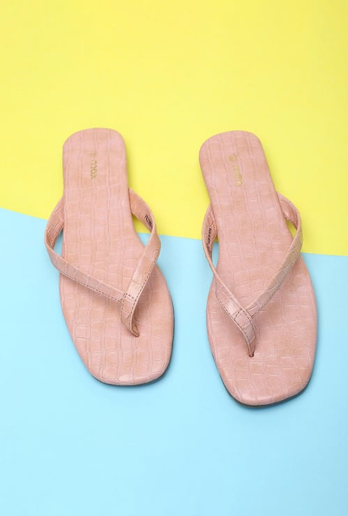 Women Croc Embossed V-Strap Flat Sandals