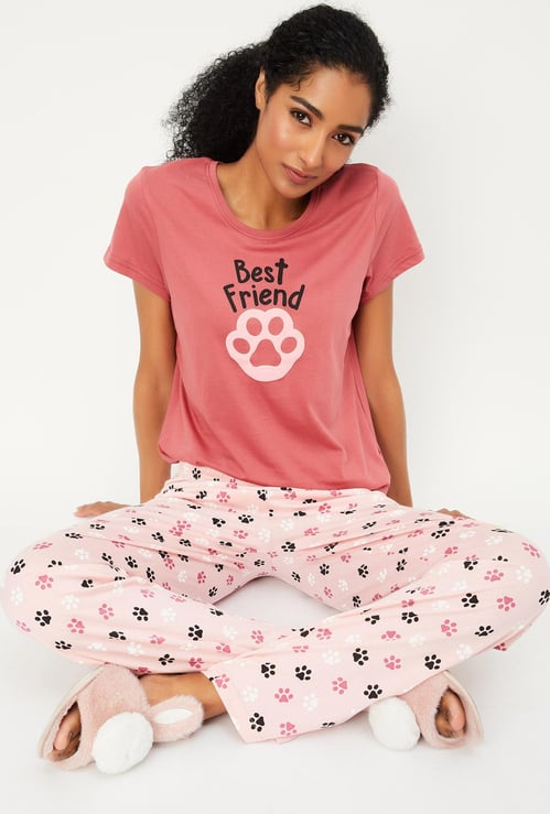 Women Printed Round Neck T-shirt with Elasticated Pyjamas 