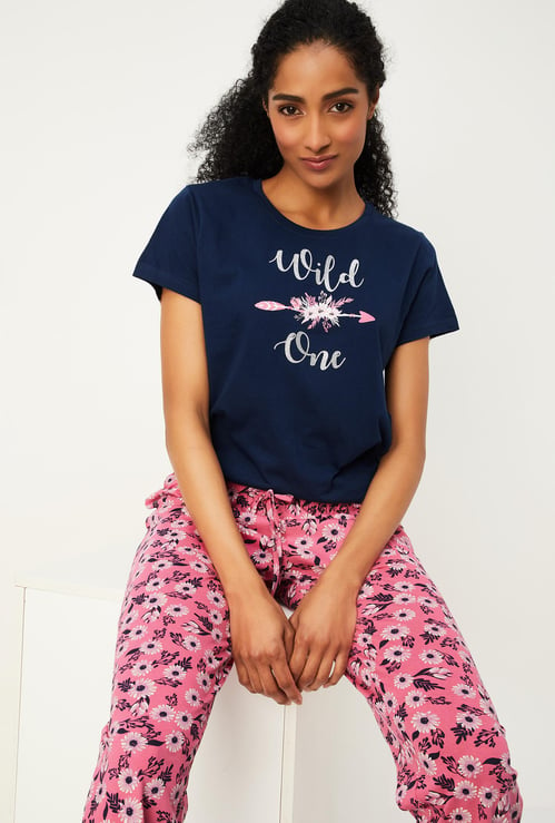 Women Printed T-shirt with Elasticated Pyjamas