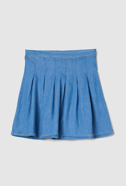 Girls Pleated Denim Skirt