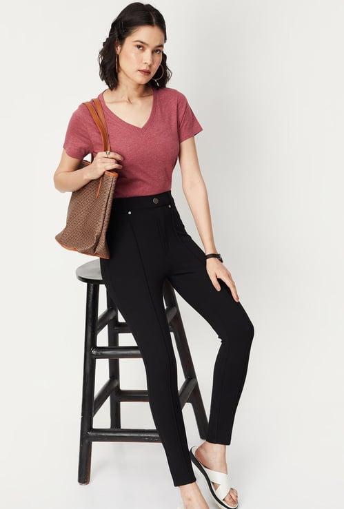 Women Solid V-neck T-shirt