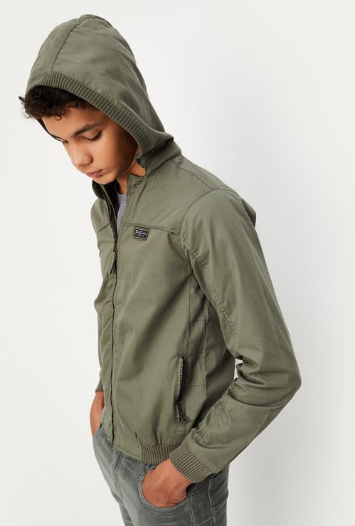 Boys Solid Hooded Jacket with Zip Pockets