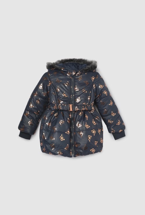 Girls Printed Heavy Hooded Puffer Jacket