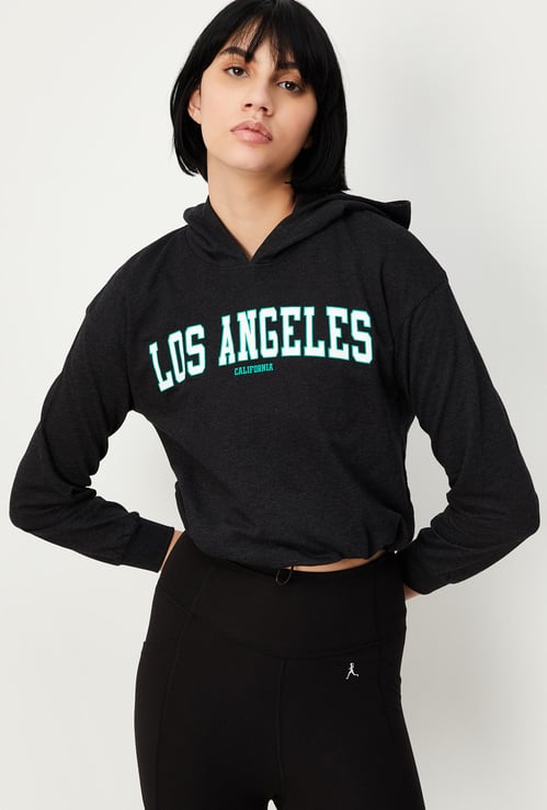 Women Printed Cropped Hooded Sweatshirt