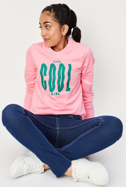 Girls Typographic Printed Full Sleeves Sweatshirt