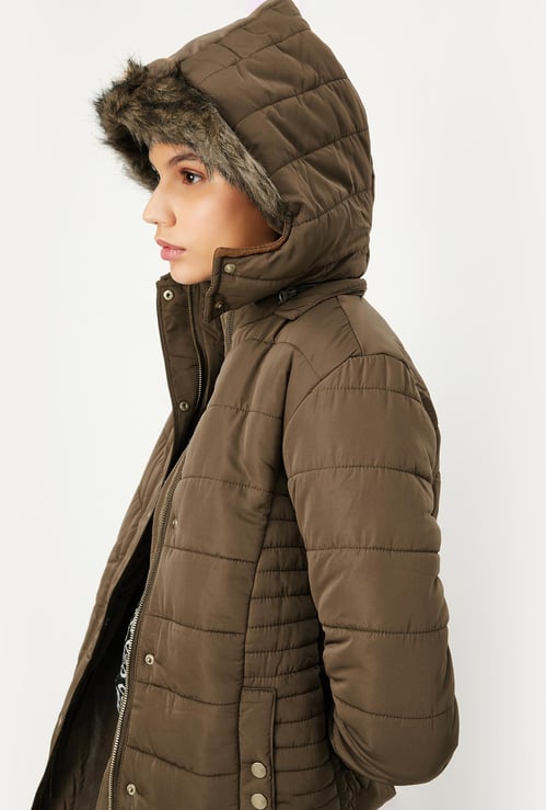 Women Quilted Puffer Jacket with Fur Trim Hood