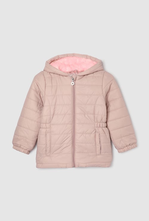 Girls Solid Quilted Hooded Jacket