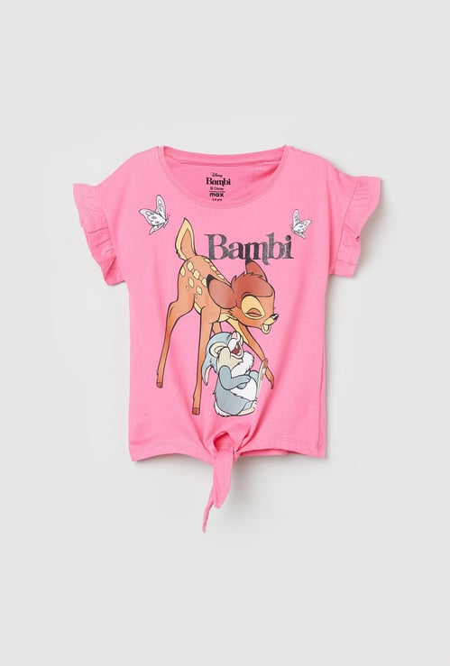 Girls Bambi Print T-shirt with Tie-Up Hem