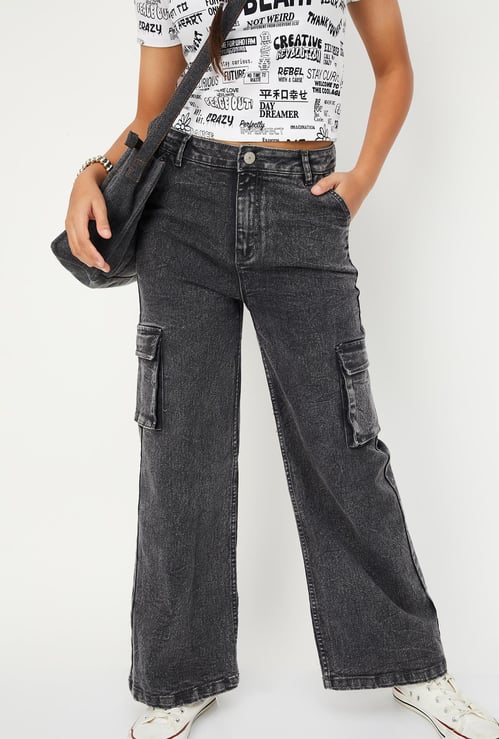 Girls Slim Fit Washed Cargo Jeans