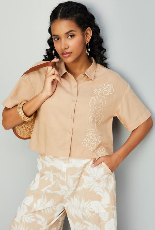 Women Embroidered Rayon Shirt Style Crop Top