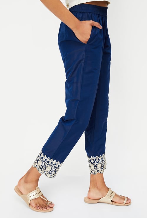 Women Straight Pants with Embroidered Hem