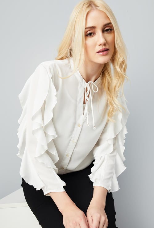 Women Ruffled Tie-Up Neck Blouse with Camisole