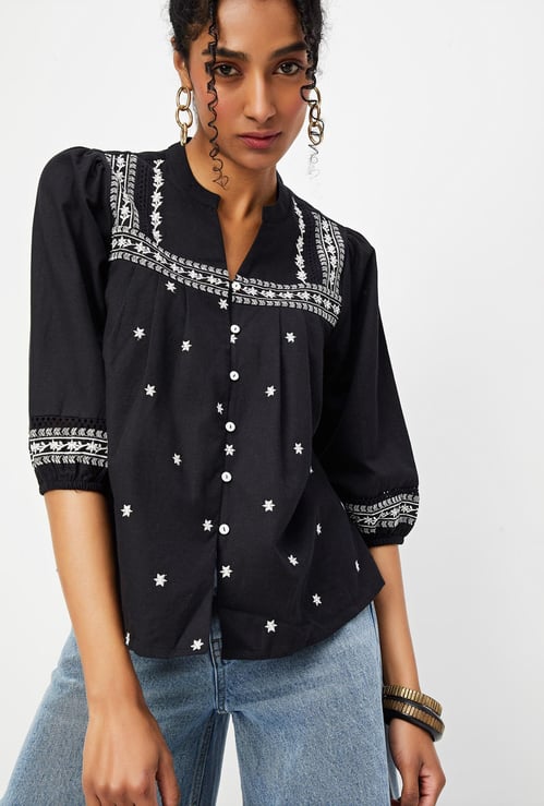 Women Embroidered Blouson Sleeve Blouse