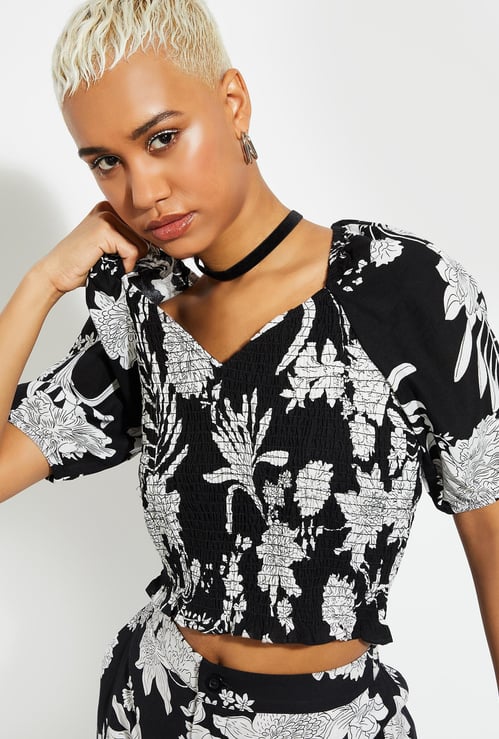 URB_N Women Printed Smocked Crop Top