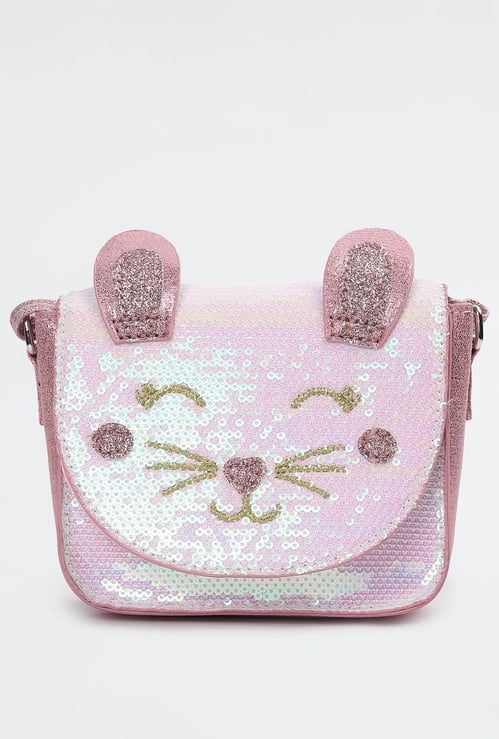 Girls Sequinned Cat Sling Bag