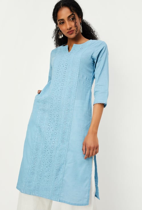 Women Schiffli Straight Kurta