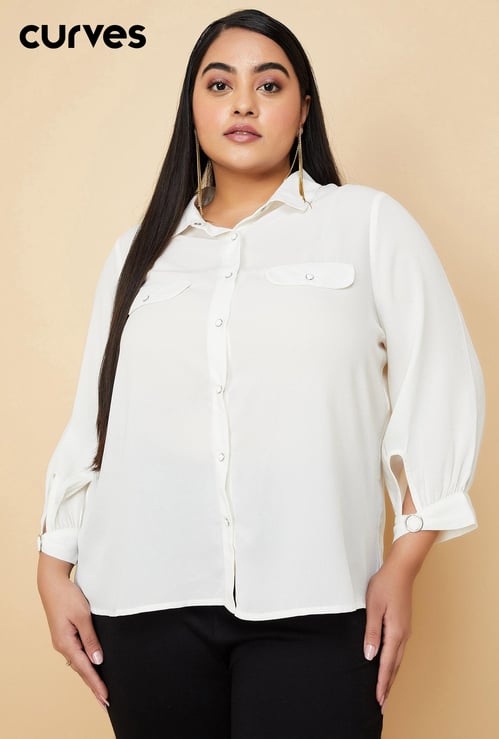 Women Solid Shirt with Cuff Buckle Detail