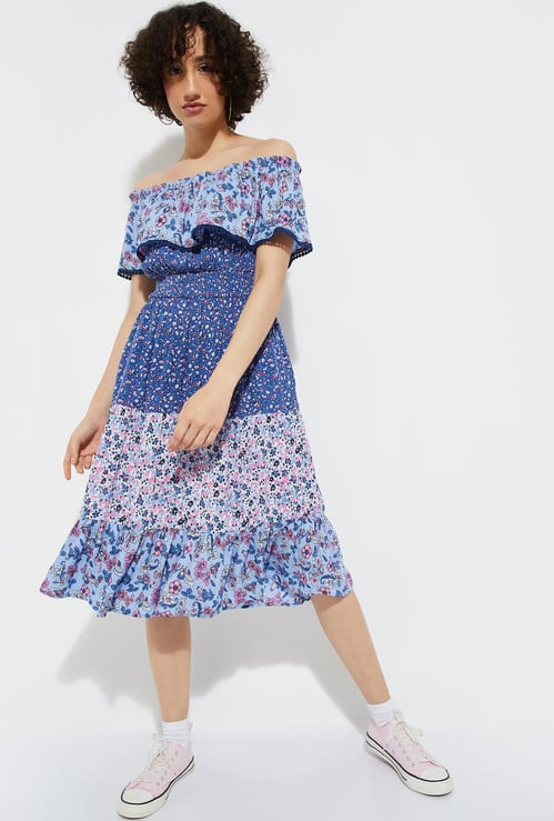 URB_N Women Printed Off-Shoulder Dress