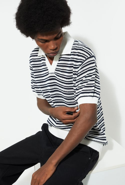 URB_N Men Oversized Striped Knit Polo T-shirt